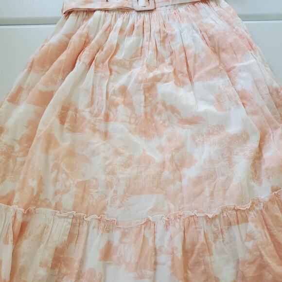 JESSAKAE Dress Womens Small Pink White Belted Tiered Maxi V Neck Toile Print - Picture 9 of 13